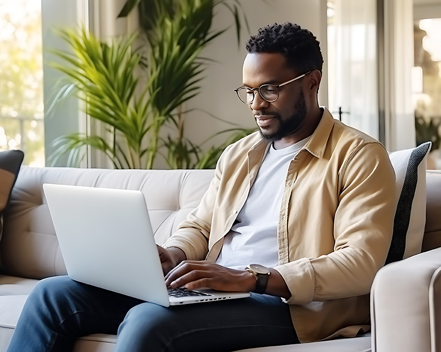 Black man at a laptop for individual psychotherapy in New York