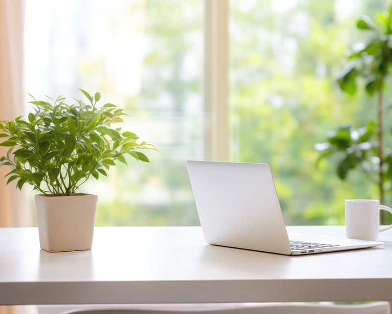 Laptop on a table with plants